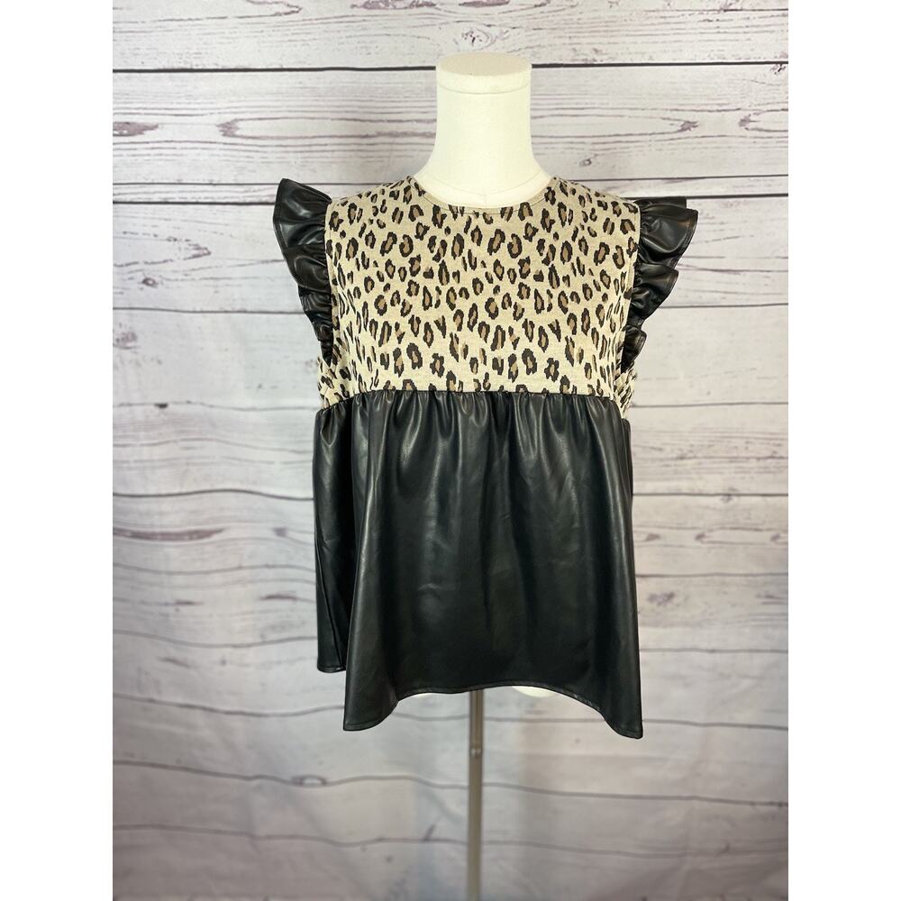 THML Animal Print Ruffle Sleeve Faux Leather Top Size Medium Leopard Print